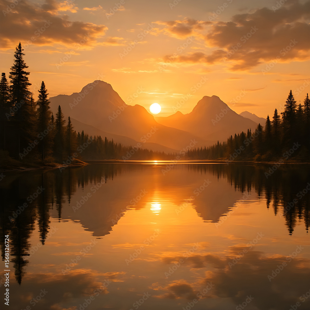 Fototapeta premium Sunset Over Mountain Lake | A calm mountain lake at sunset with golden reflections in the water, surrounded by pine trees and mountains, peaceful and scenic.