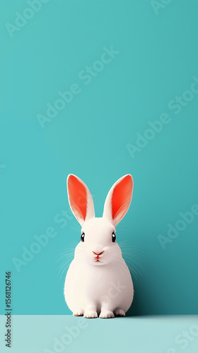 White rabbit with orange ears, facing forward, isolated against a solid teal background. Clean design with minimal detailing, copy space, aspect 9:16.
