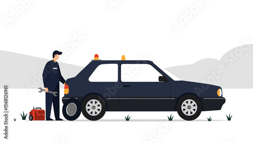 Mechanic Changing Tire on Vintage Car, Flat Tire Repair, Roadside Assistance Illustration