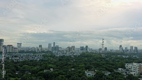 Densely populated city of Dhaka with buildings. Aerial view of Dhaka skyline, Bangladesh. Asian megacity top view with tall buildings. Residential and commercial building. 