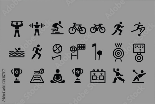 Collection of diverse sport and fitness icons representing activities like weightlifting swimming cycling running yoga and team sports with trophies and scoring elements