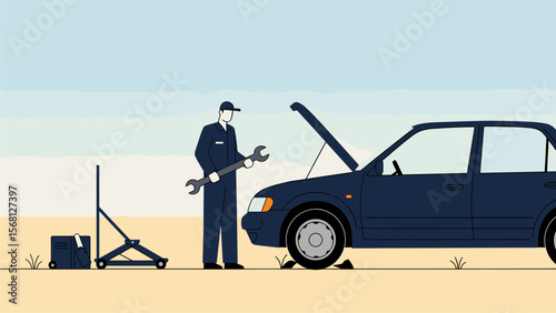 Mechanic Repairing Car in Desert Landscape - Minimalist Illustration