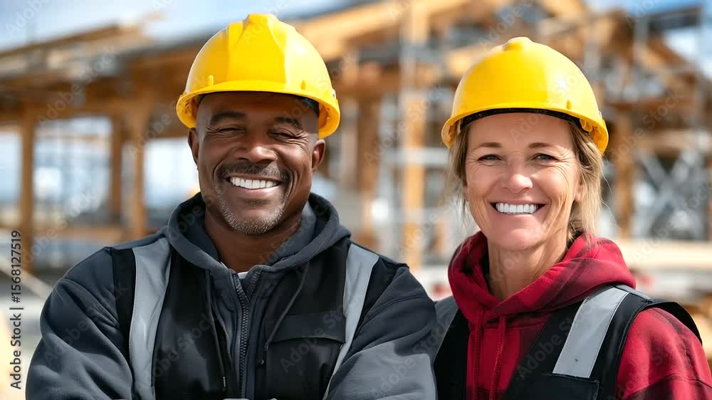 Happy male and female builders stand in front of a new home construction site, wearing yellow hardhats and safety vests, bright sunlight enhances their expressions of pride and tea Happy male and female builders stand in front of a new home construction site, wearing yellow hardhats and safety vests, bright sunlight enhances their expressions of pride and tea
