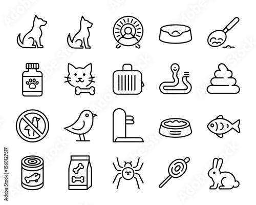 Pet Icon Set: A set of clean, monochrome icons depicts a comprehensive range of pet-related items. Perfect for designers, pet store websites, and informative graphics.