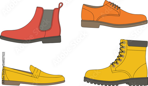 Minimalist illustration of four different men's shoe types including boots, loafers, oxfords, and work boots in vibrant colors
