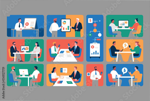 Modern business professionals collaborating and presenting data in diverse meeting scenarios showcasing teamwork and financial discussions