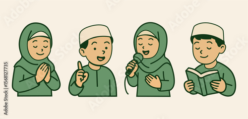 Muslim Kids Islamic Activities – Flat Vector of Prayer, Speech, and Quran Recitation