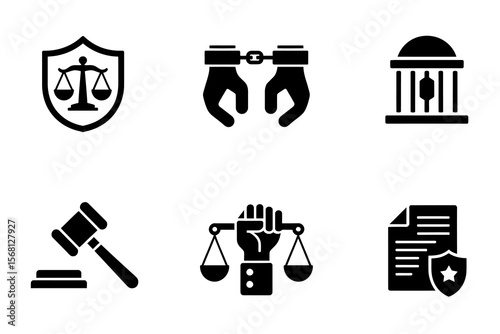 Collection of justice and law enforcement icons. including scales, handcuffs, prison, gavel, and legal documents