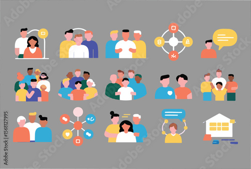 A collection of flat design icons representing diverse groups of people communication networking and community building on a neutral background