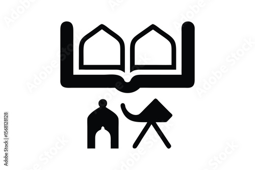 Stylized black and white graphic symbol representing knowledge and learning featuring an open book above ancient egyptian hieroglyphs and a camel silhouette