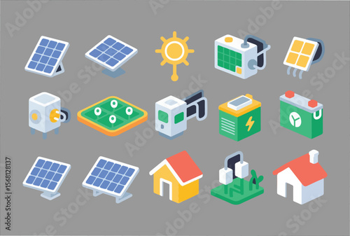 Collection of isometric solar energy icons including solar panels batteries a sun a house and power generation equipment on a gray background