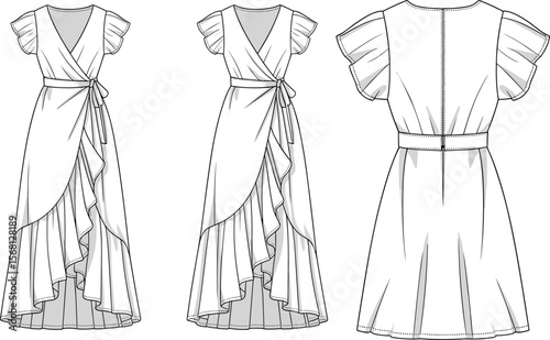 Technical flat sketch of women’s wrap dress with ruffled high-low hem, short sleeves, front and back view, fashion illustration template