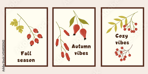Autumn poster for interior design. Autumn simple poster set. Autumn flyer illustration set. Vector banner fall elements. Vector illustration with rose hips and rowanberries