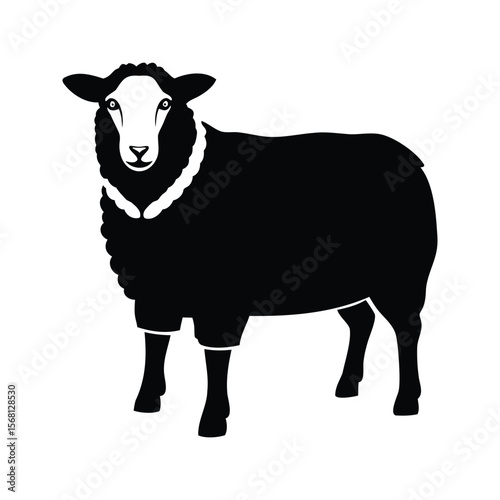 High contrast black and white image of a fluffy sheep standing up