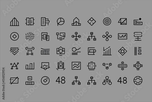 A collection of modern minimalist line icons representing business concepts data analytics technology and organizational structures on a plain gray background