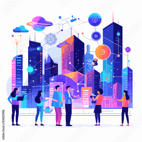 Vibrant Cityscape with Business Team Connecting Through Global Network in a Modern Digital Age with Violet Orange and Magenta Sky