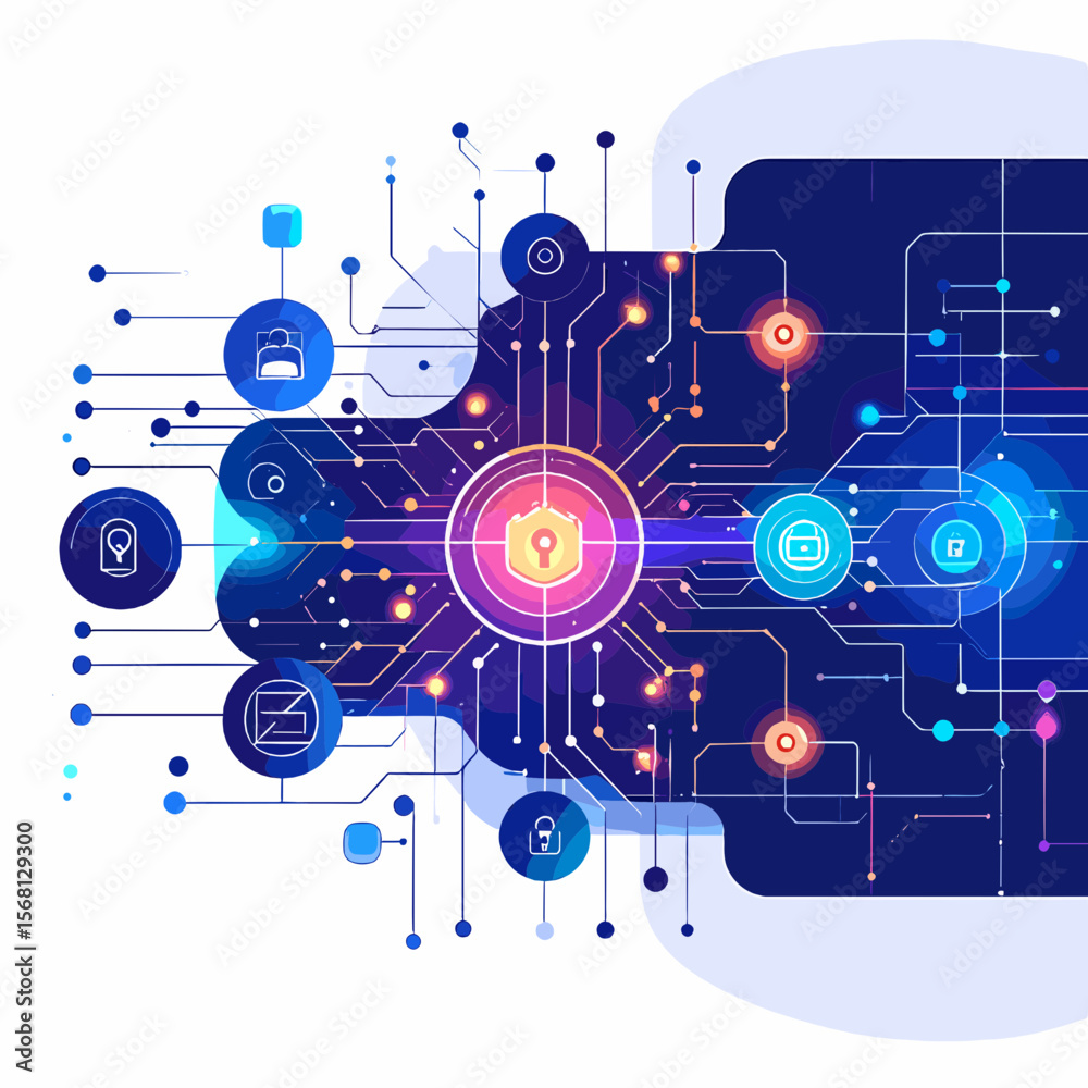 Obraz premium Vibrant Digital Network Abstraction Featuring Intricate Circuit Board Connections on a Gradient Purple and Blue Background