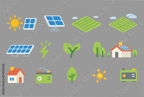 Collection of flat design icons representing renewable energy sources and sustainable living including solar panels sun lightning bolt trees houses battery and fields
