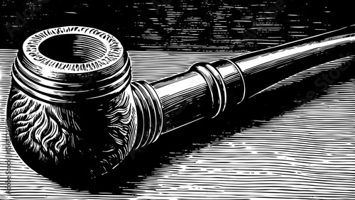 A beautifully carved tobacco pipe, suitable for character illustrations, vintage bar visuals, or literature themes a black and white line art illustration