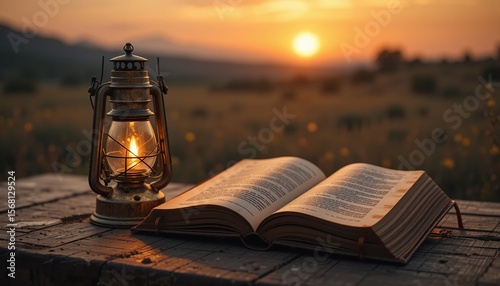Antique Lantern Illuminates Open Book at Sunset