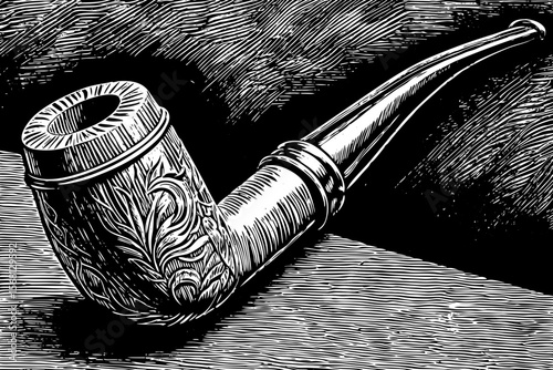 A beautifully carved tobacco pipe, suitable for character illustrations, vintage bar visuals, or literature themes a black and white line art illustration