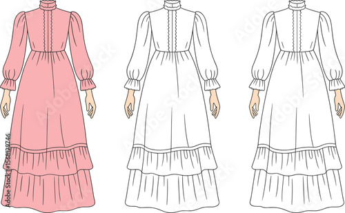 Vintage high-neck tiered maxi dress fashion illustration with ruffle hem, lace detail, puff sleeves, front and back technical views