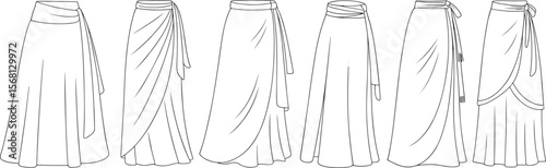 Wrap skirt technical fashion illustration set, long flowing skirts, side drapes, waistband tie detail, flat sketch, vector line art