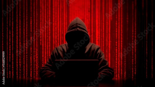 Hacker Working on Laptop with Matrix Code Background