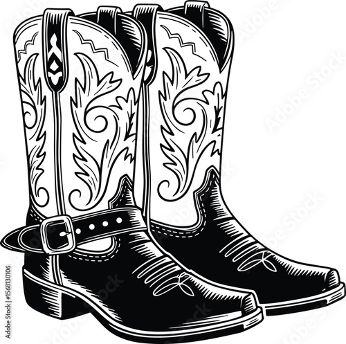 Vintage western cowboy boots illustration with floral embroidery, sepia tone leather footwear drawing, perfect for rustic fashion and decor