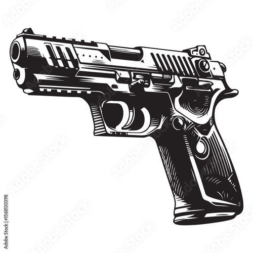 Handgun Illustration Detailed Black and White Drawing of a Semi-Automatic Pistol