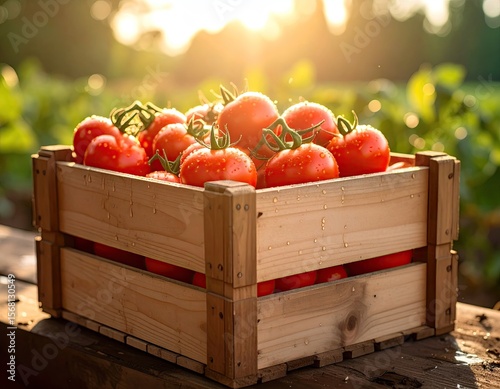 Fresh tomatoes in a wooden crate outdoors