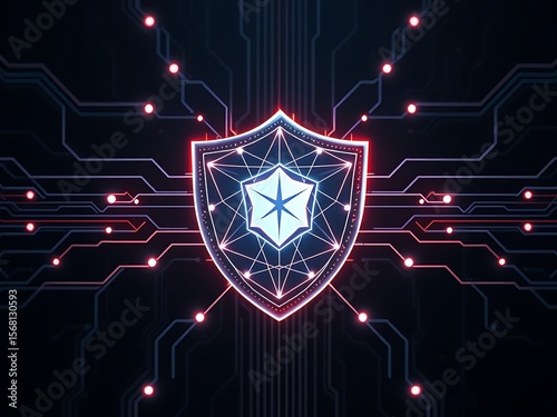Photo realistic conceptual image of glowing digital shield with firewall lines, dark cyber background, secure network representation

