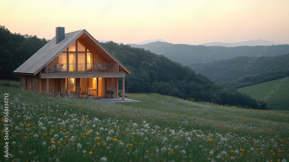 Fototapeta premium Cozy garden house with wooden walls and blooming flowers, nestled in a green meadow with majestic mountain views and soft sunlight