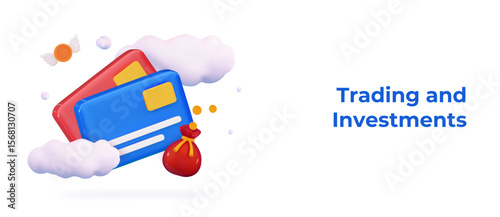 3D payments concept Credit or debit cards with money bag Online payment concept Earning investment Finance business