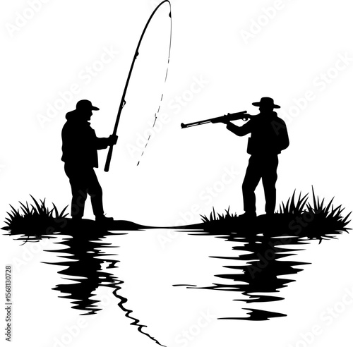 Hunting and fisherman silhouettes, silhouette, soldier, fishing, vector, gun, military, rifle, person, woman, war, fisherman, men, army, sword, people, fish, illustration, weapon, boy, sport, music, v
