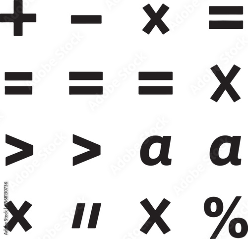 Mathematical symbols plus minus multiplication division equals greater than letter a quotation marks percent