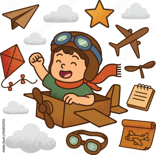A boy flying on a cardboard aircraft