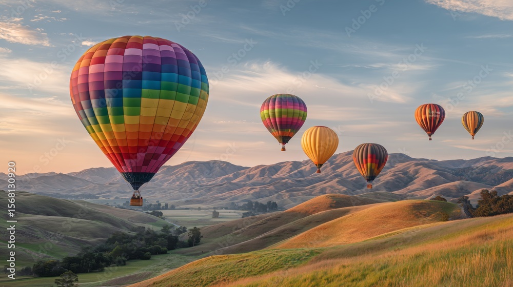 Naklejka premium Colorful hot air balloons drifting over scenic hills at sunset during a vibrant festival