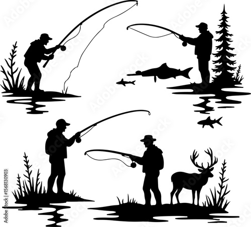 Hunting and fisherman silhouettes, silhouette, soldier, fishing, vector, gun, military, rifle, person, woman, war, fisherman, men, army, sword, people, fish, illustration, weapon, boy, sport, music, v