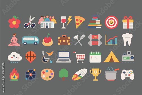 A diverse collection of colorful flat design icons representing various aspects of life including leisure education health food travel and hobbies