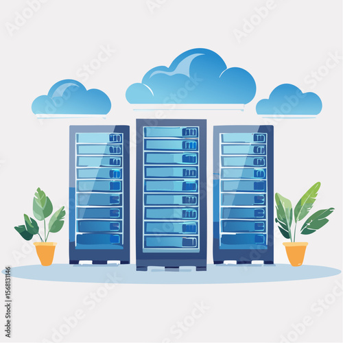 Blue Servers Rack with Cloud Computing and Plants