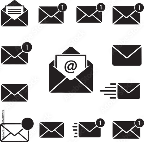 Collection of black envelope icons with various notifications and actions mail message