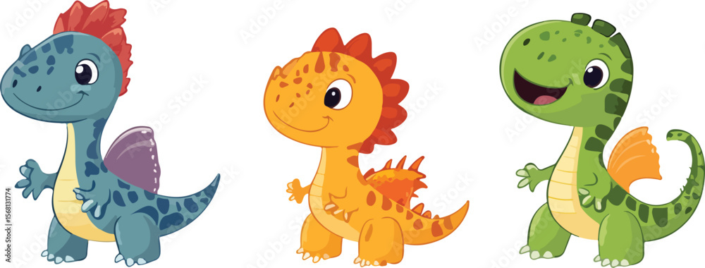 Fototapeta premium Three Adorable Cartoon Baby Dinosaurs Standing Side by Side on a White Background