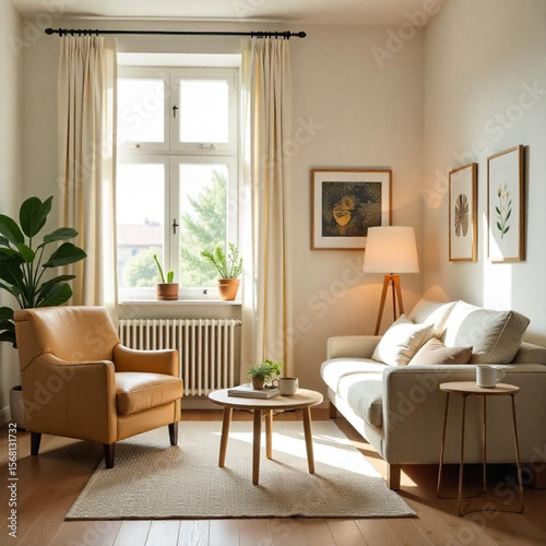 Modern living room interior with fireplace sofa armchair and stylish furniture in a comfortable home setting