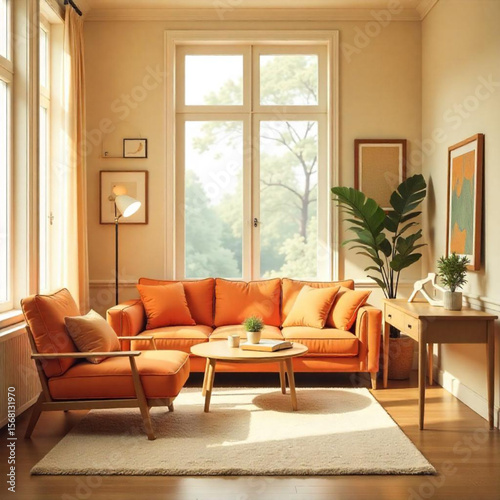 Modern living room interior with sofa fireplace and stylish furniture in a cozy home setting