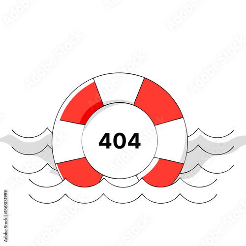 Creative 404 error page illustration featuring a minimal ocean scene with waves and a red lifebuoy.