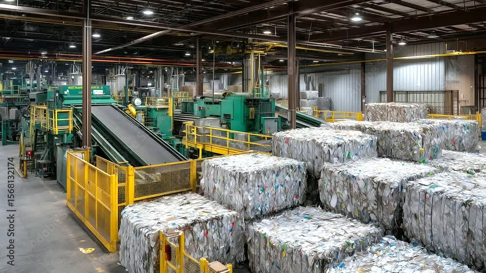 Panoramic view of massive paper recycling plant, featuring rows of compressed paper bales stacked to ceiling, surrounded by machinery and safety signage, industrial sustainability