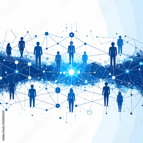 Abstract Blue Network Connecting Silhouetted People With Intricate Lines and Dots Representing Global Communication on White Background