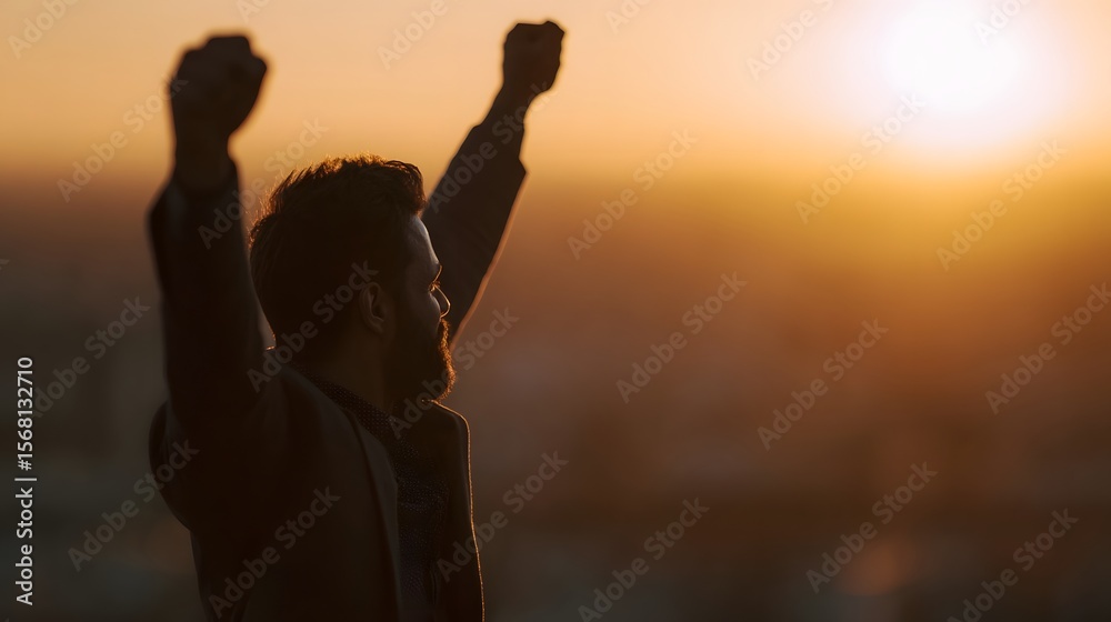 Fototapeta premium Triumphant silhouette of a successful entrepreneur celebrating a profit milestone during golden hour