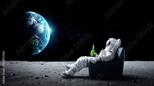 Astronaut is drinking beer on the Moon, sitting in a chair